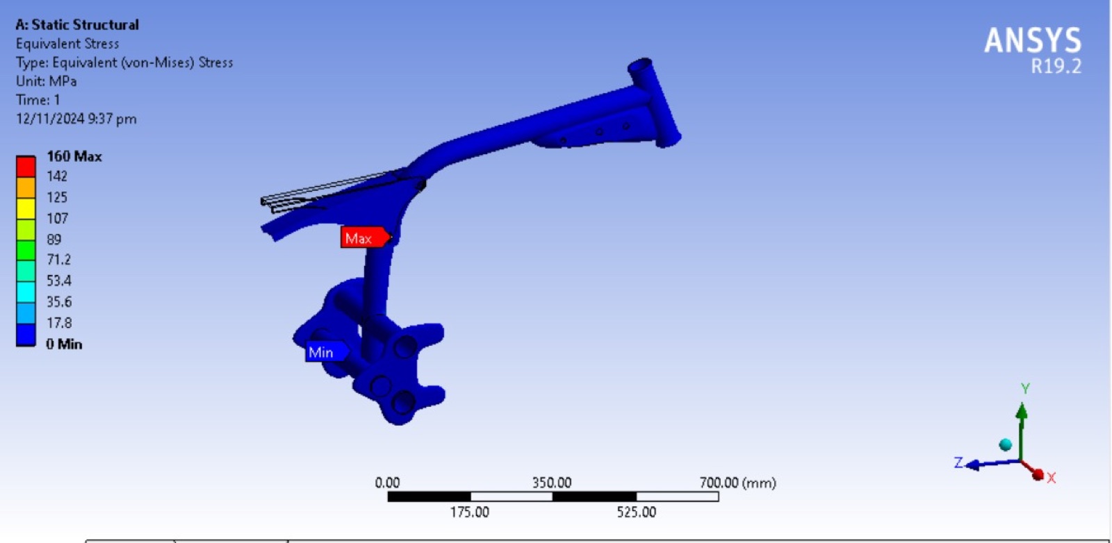 ANSYS equivalent stress plot for the CX500 rear chassis conversion