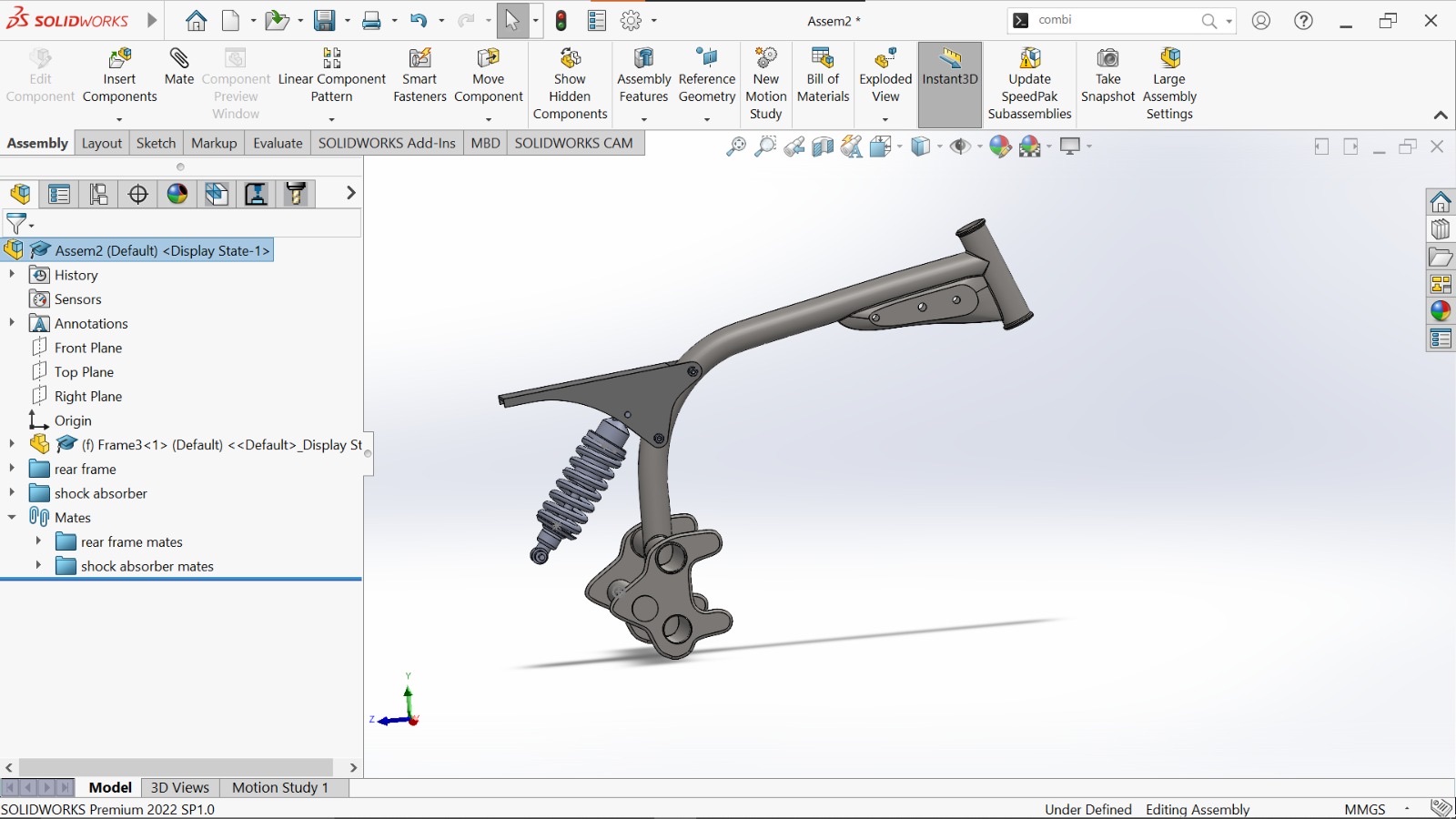 SolidWorks CAD model of the CX500 rear frame and monoshock conversion