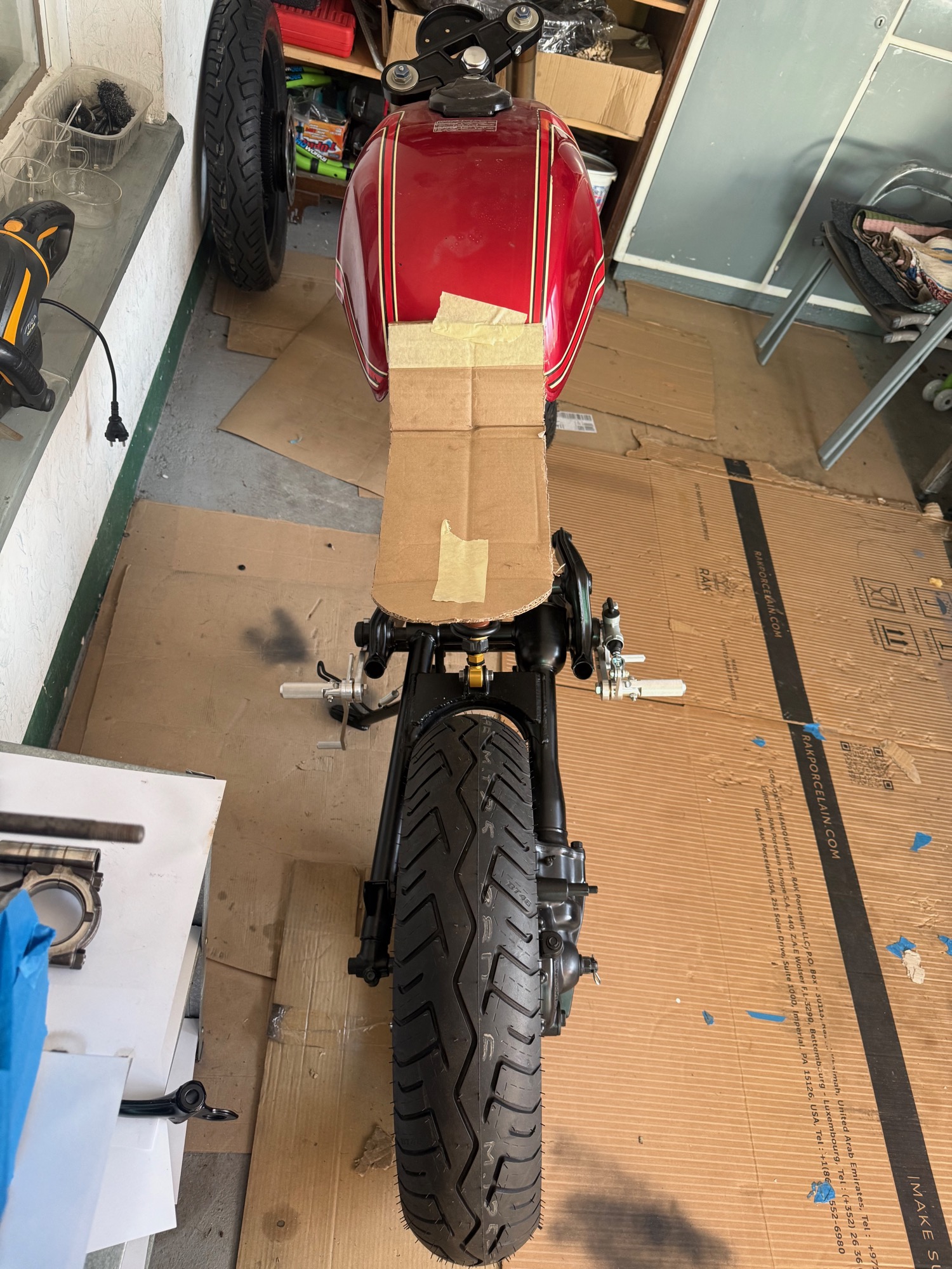 Rear view of Honda CX500 custom subframe work in progress